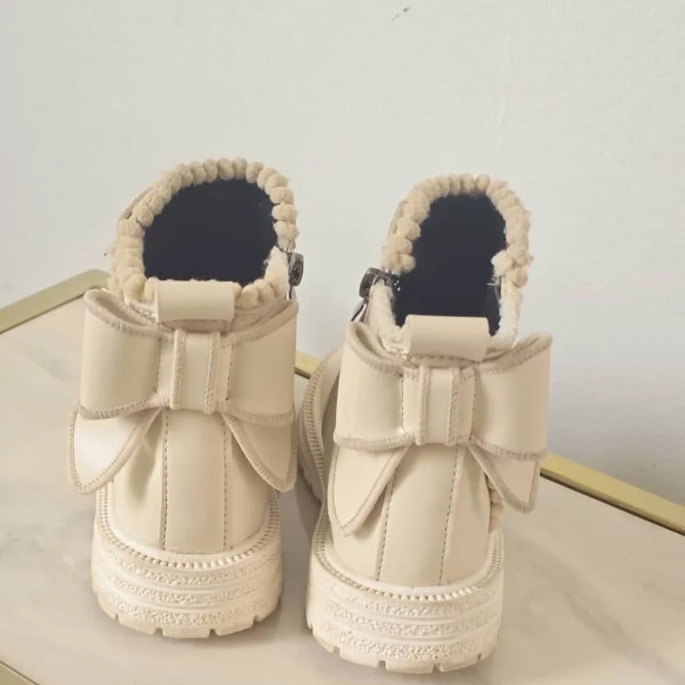 Girls Bow Decor Thermal Lined Beige Ankle Boots With Slide Zipper US 10-10.5